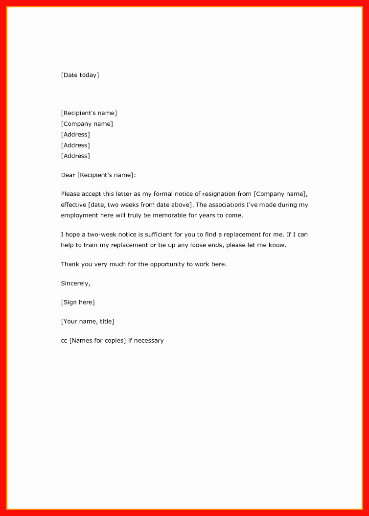 2 Weeks Notice Email Template Fresh Two Week Resignation Email