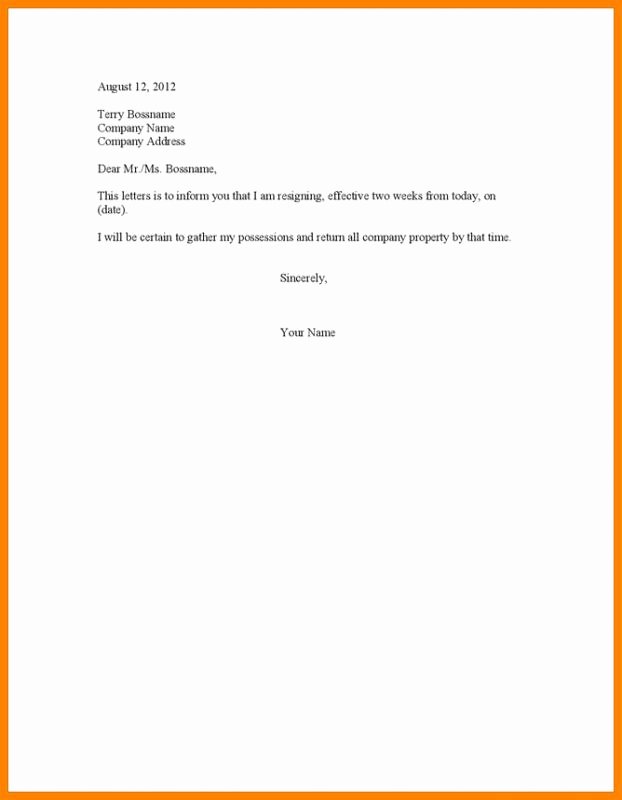 2 Weeks Notice Email Template Lovely Two Week Notice Letter