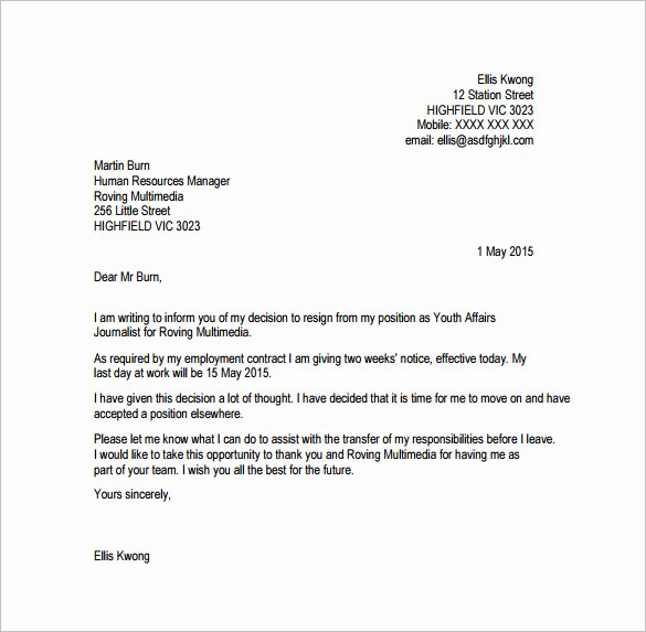 2 Weeks Notice Email Template New 10 Email Resignation Letter Templates – Free Sample