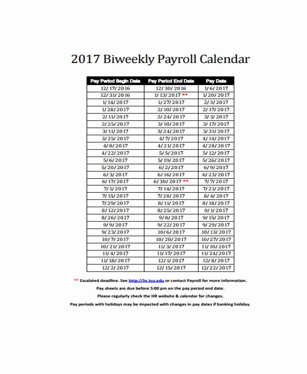 2017 Biweekly Payroll Calendar Template Elegant 7 Payroll Calendar Templates Sample Example