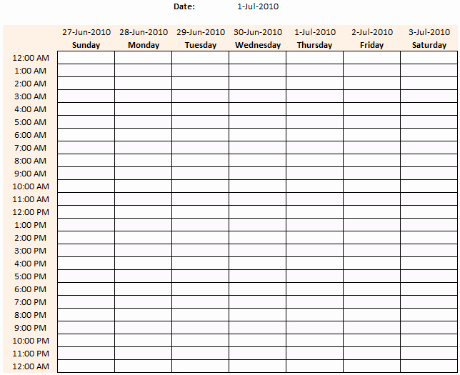 24 Hour Weekly Schedule Template