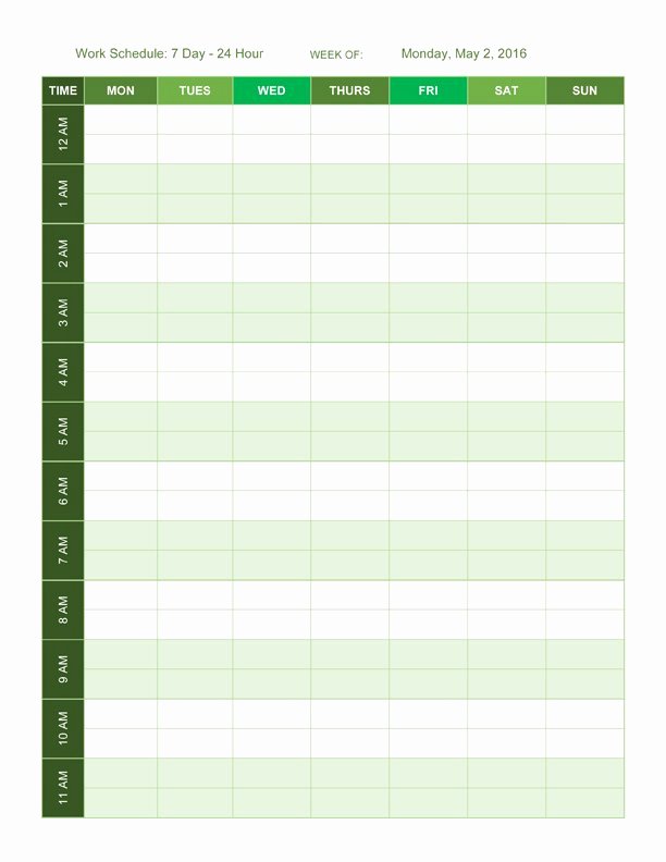 24 Hour Weekly Schedule Template Inspirational Free Work Schedule Templates for Word and Excel