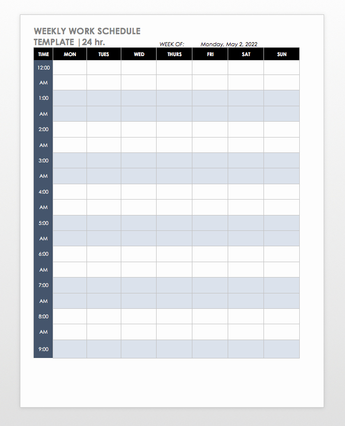 24 Hour Weekly Schedule Template New Free Work Schedule Templates for Word and Excel
