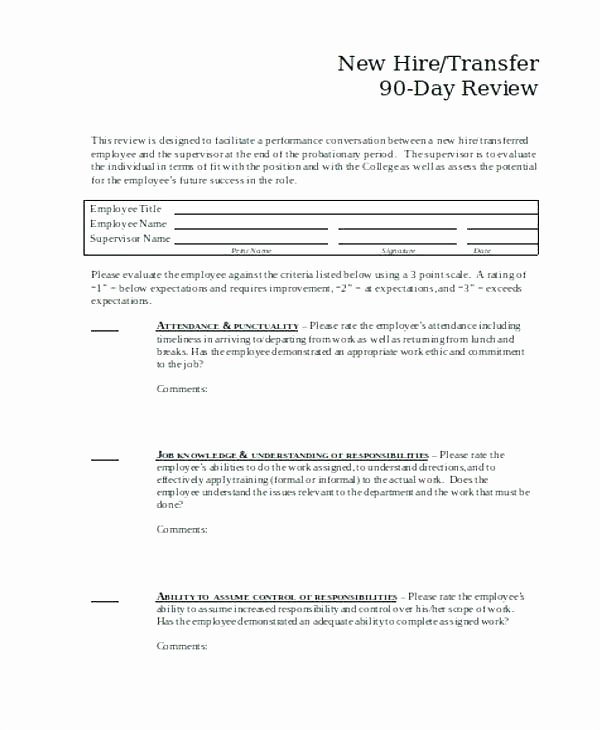 90 Day Employee Review Template Unique Free 90 Day Employee Evaluation form Template Performance