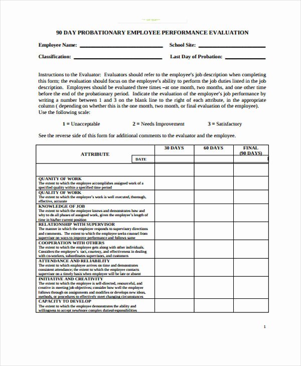 90 Day Performance Review Template Fresh Employee Evaluation form