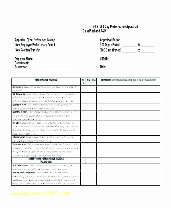 90 Day Performance Review Template Inspirational Employee Review form Template Word Performance Free Self