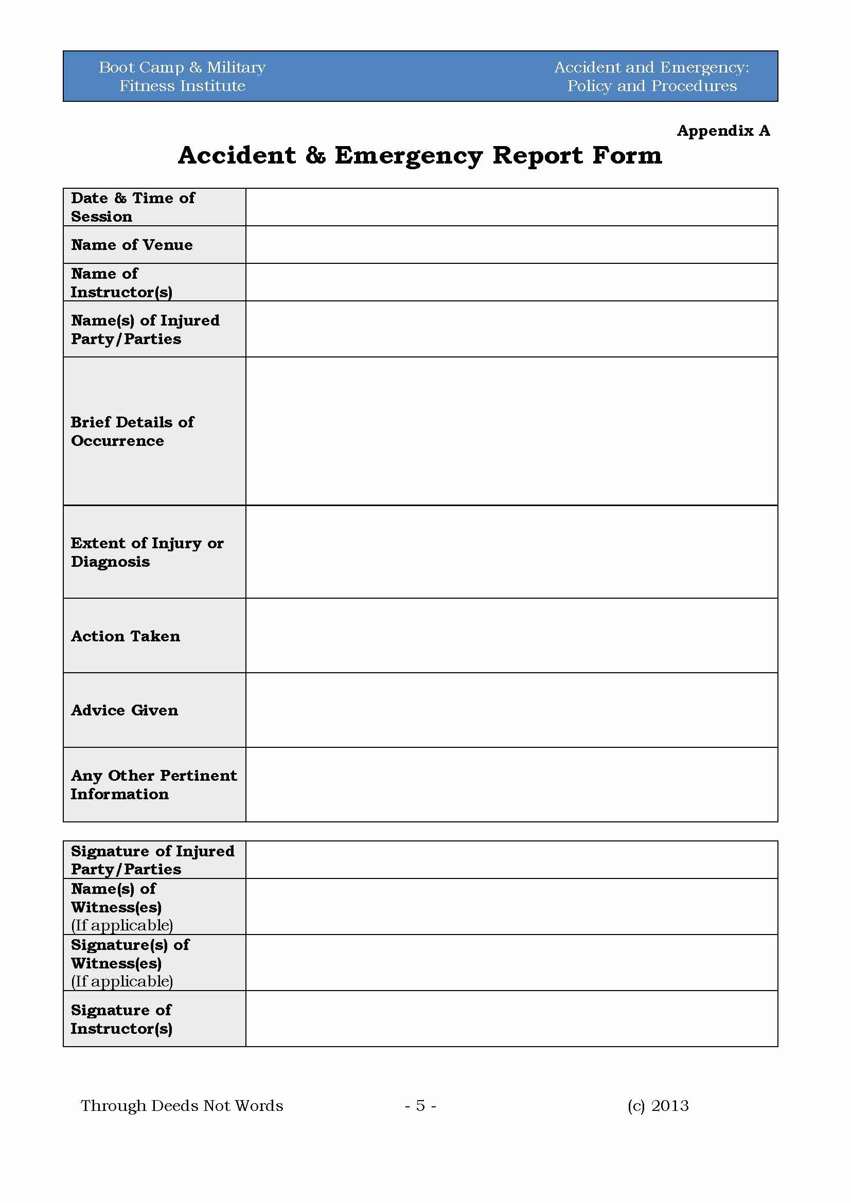 Accident Incident Reporting form Template Best Of Accident &amp; Emergency Policy &amp; Procedures – Boot Camp