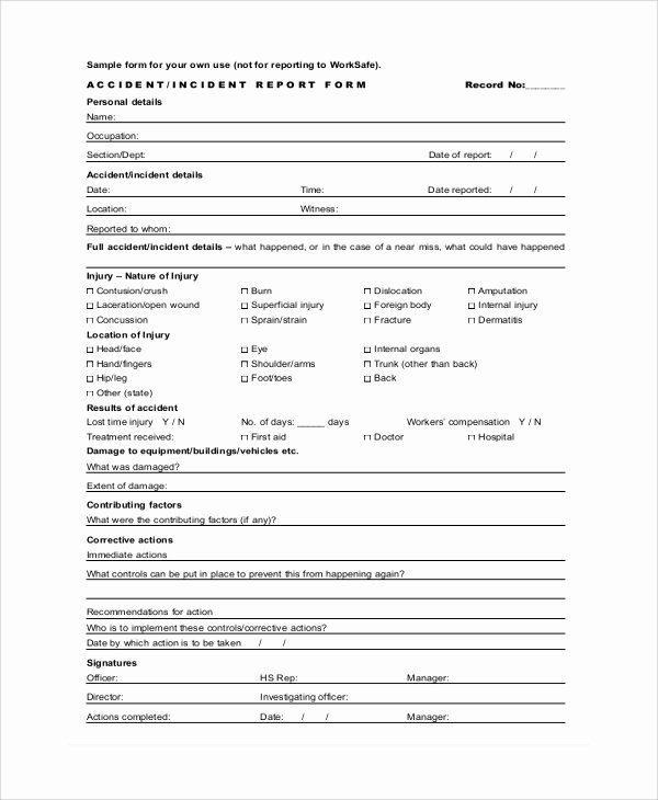 Accident Report forms Template Fresh 8 Sample Incident Report forms