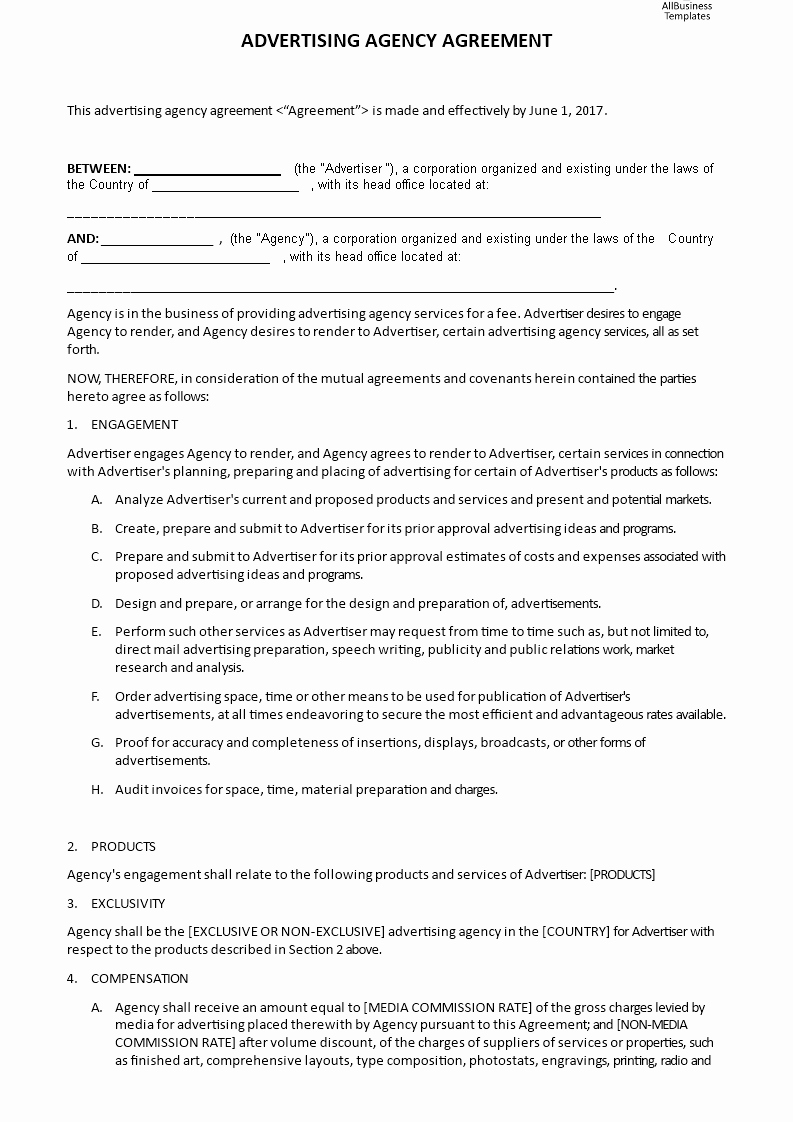 Advertising Contract Template Free Awesome Advertising Agency Agreement