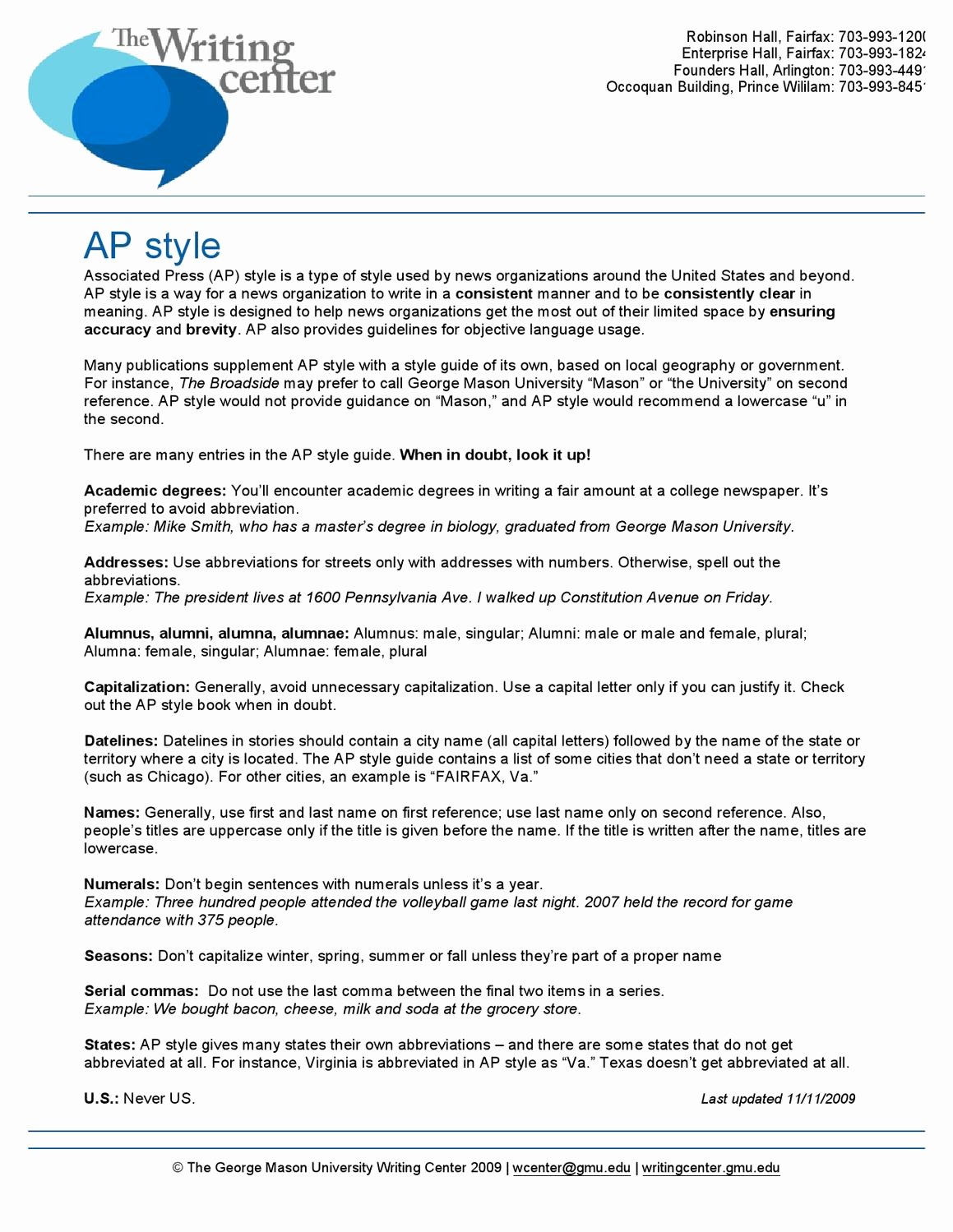 Ap Style Press Release Template Lovely Ap Style Quick Guide by Writing Center issuu
