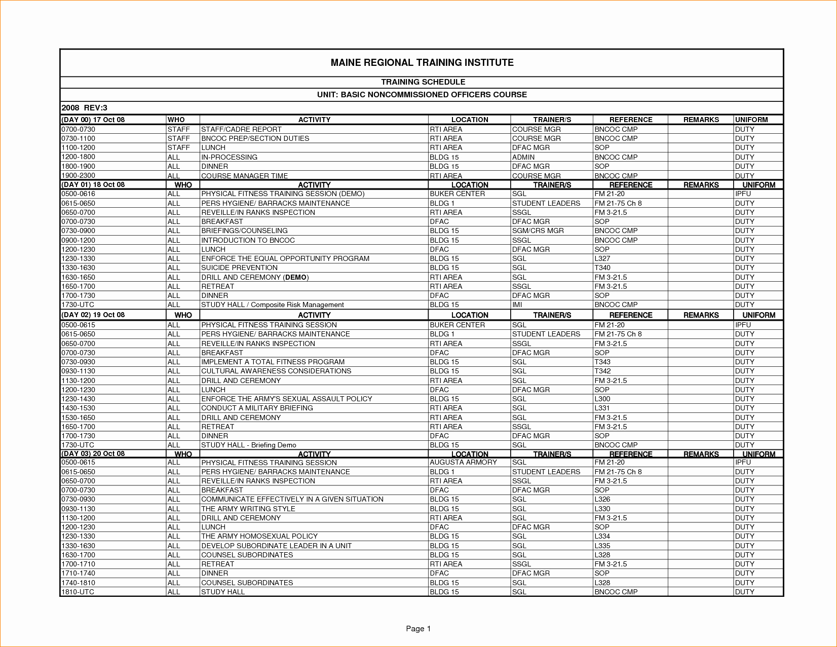 Army Training Calendar Template Awesome Training Schedule Template Excel