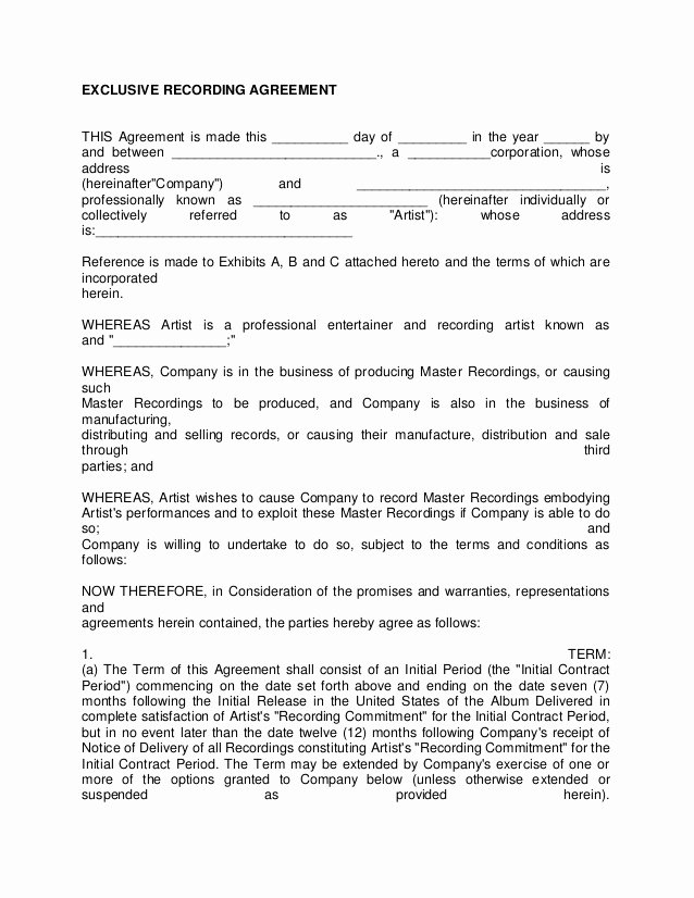Artist Management Contract Template Lovely Artist Recording Contract 3