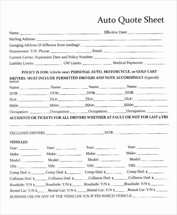Auto Insurance Quote Sheet Template Beautiful 7 Quote Sheet Template Word Pdf