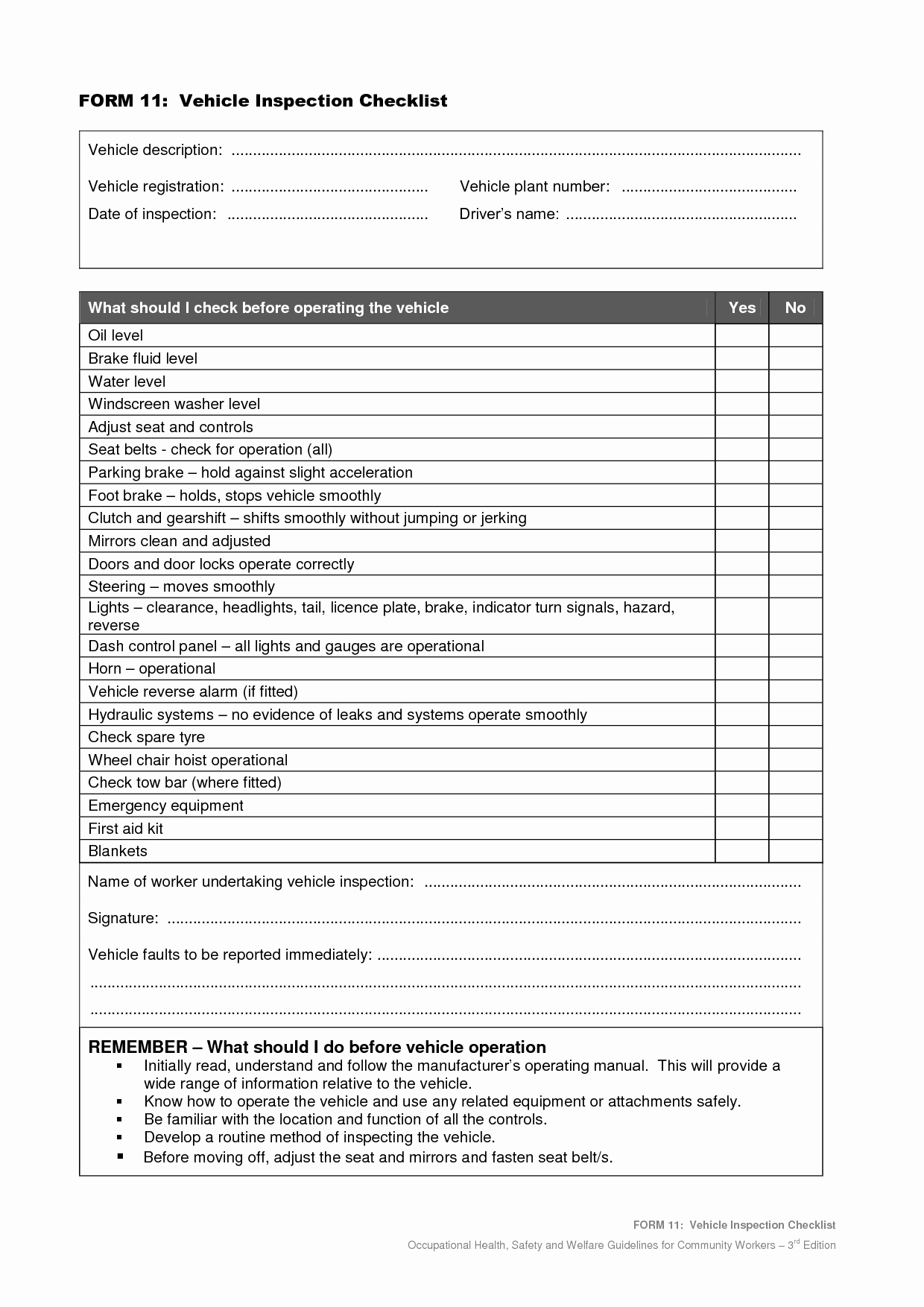 Auto Repair Checklist Template Awesome Vehicle Safety Inspection Checklist form