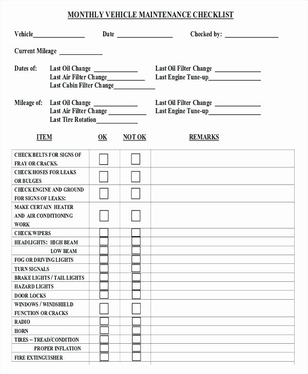 Auto Repair Checklist Template Luxury Car Maintenance Checklist form Monthly Vehicle forms