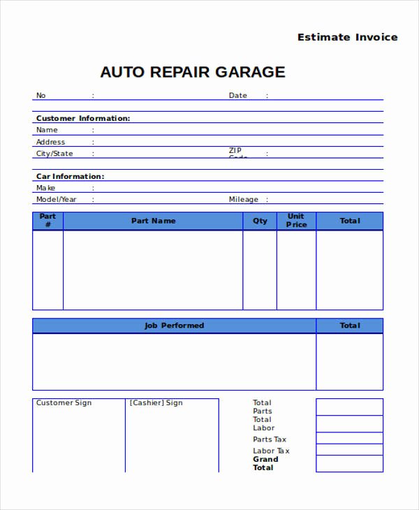 Auto Repair Estimate Template Beautiful 7 Auto Repair Invoice Templates – Free Sample Example