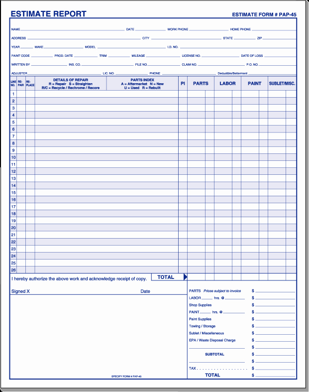 Auto Repair Estimate Template Excel Awesome Auto Body Repair Estimate Template