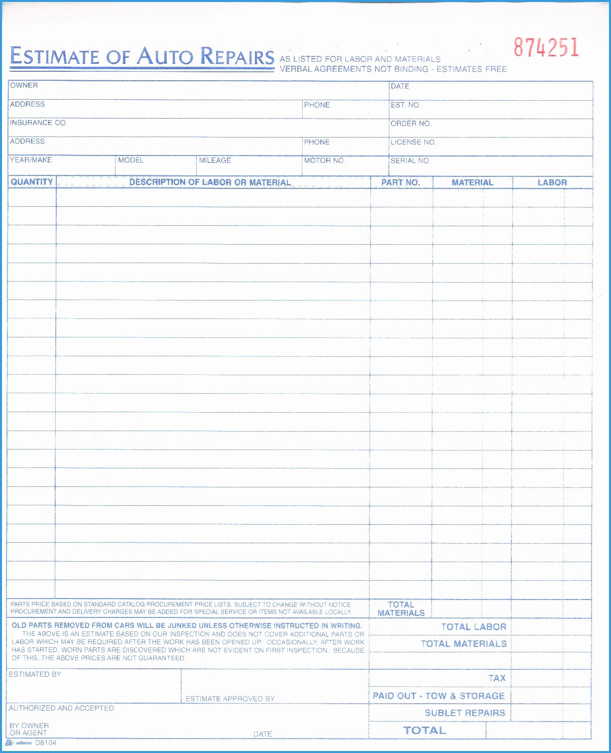 Auto Repair Estimate Template Excel Awesome Auto Estimate Template Sample Worksheets Mechanic form
