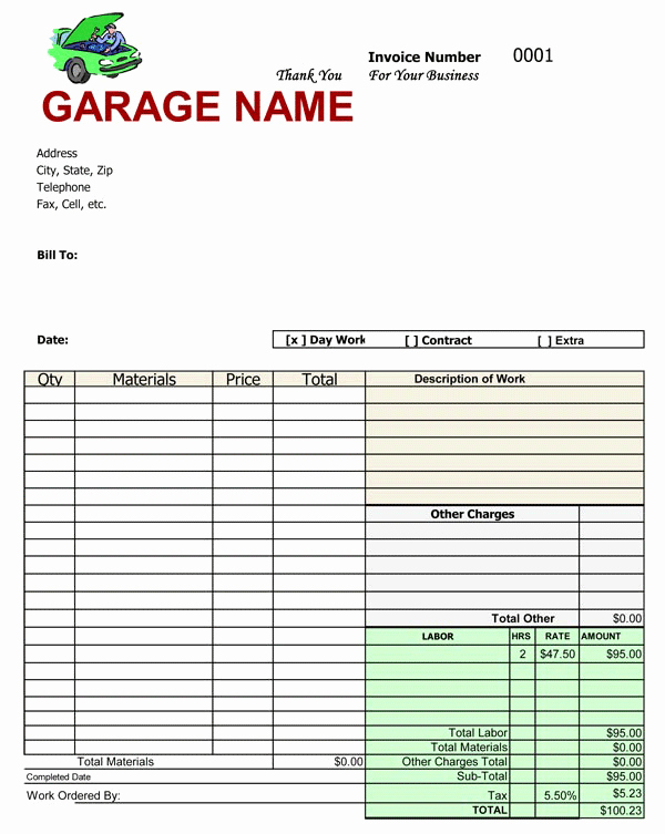 Auto Repair Estimate Template Excel Beautiful Garage Invoice Template