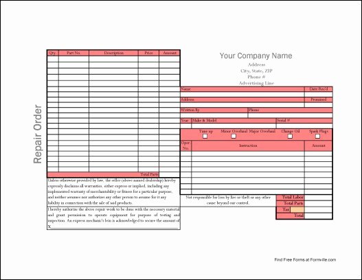 Auto Repair form Template Best Of Automotive Repair order Template Free Printable Documents