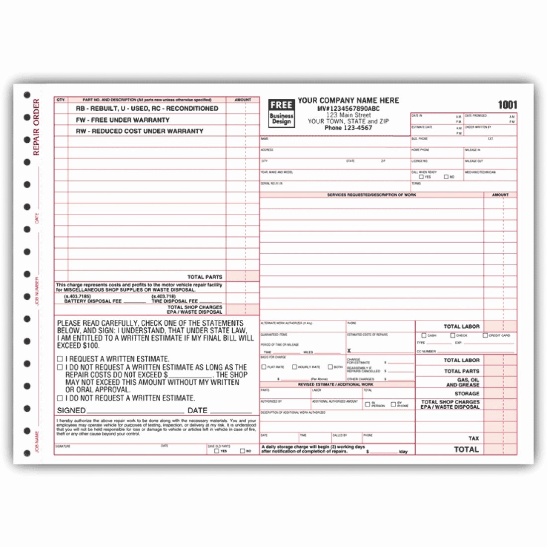 Auto Repair form Template Lovely Auto Repair order form Florida State Item No 6585