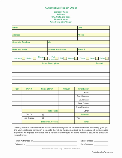 Auto Repair form Template Lovely Auto Repair orders forms