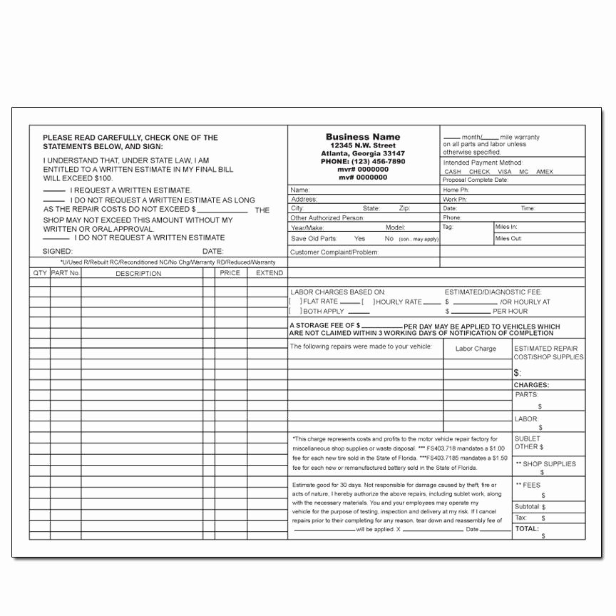 Auto Repair form Template Luxury Auto Repair Invoice Work orders Receipt Printing
