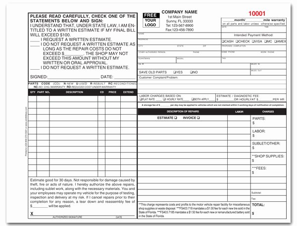Auto Repair form Template New Florida Approved Auto form