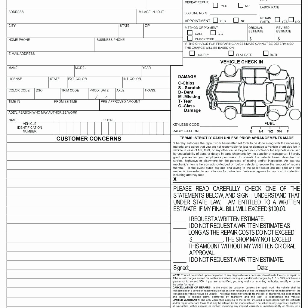 Auto Repair form Template New Template Auto Repair order Template