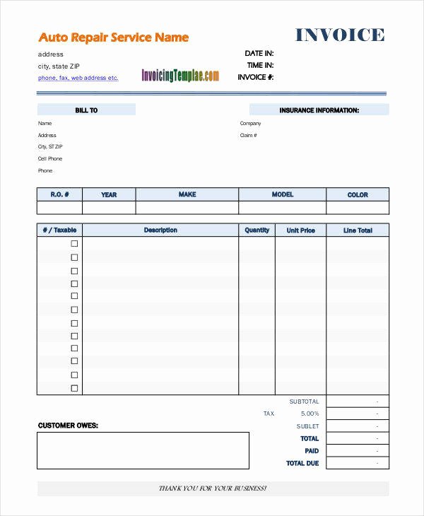 Auto Repair Invoice Template Awesome 7 Auto Repair Invoice Templates – Free Sample Example