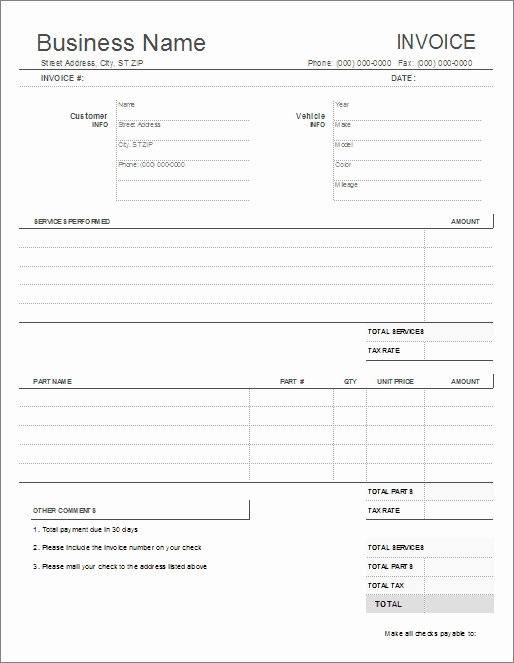 Auto Repair Invoice Template Awesome Auto Repair Invoice Template for Excel