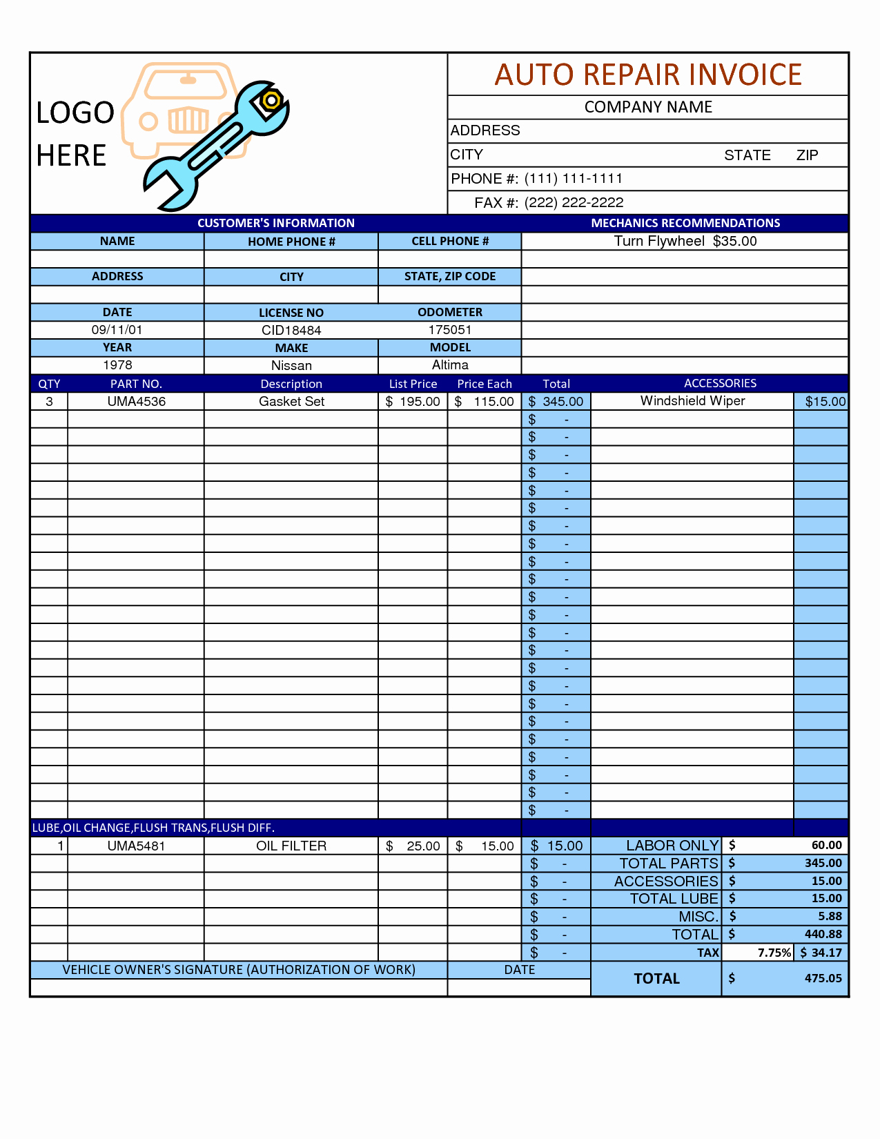Auto Repair order Template Excel Beautiful Mechanic Shop Invoice