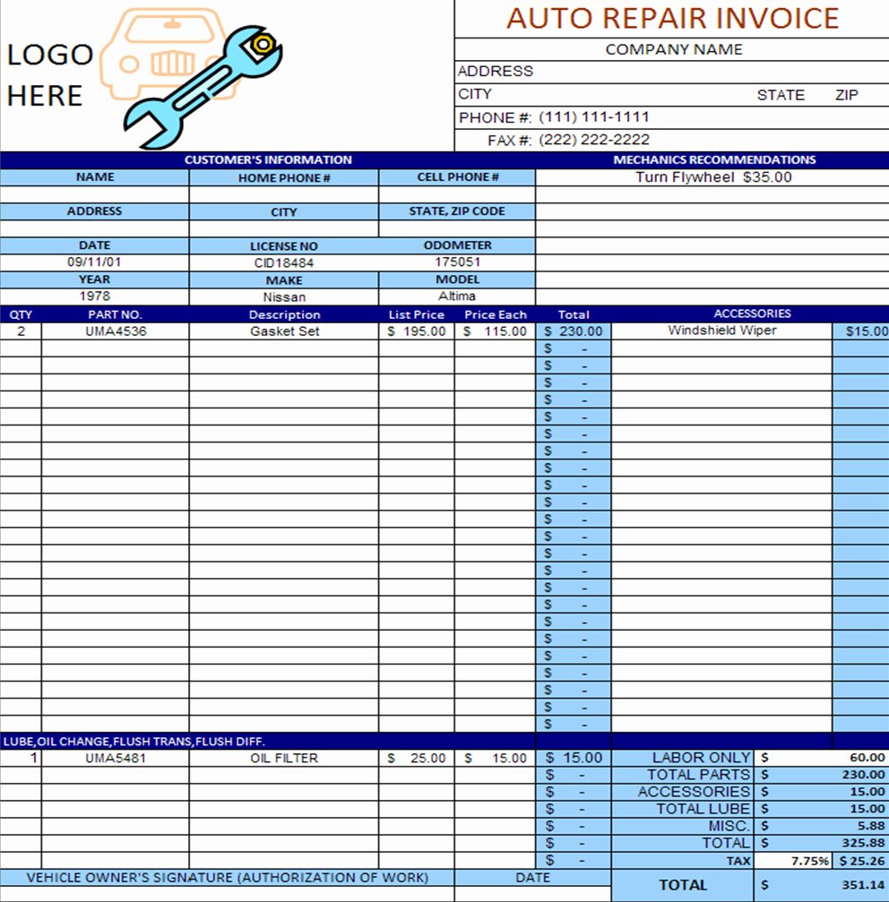 Auto Repair order Template Free Awesome Auto Repair Invoice Template Excel