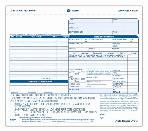 Auto Repair order Template Free Lovely Adams Auto Repair order forms 8 5 X 7 44 Inch
