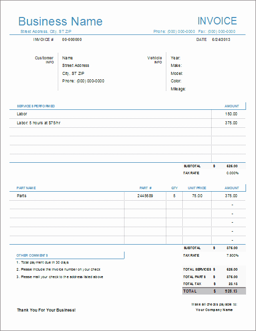 Auto Repair Receipt Template Lovely Auto Repair Invoice Template for Excel