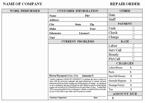 Auto Work order Template Lovely Simple Auto Repair Work order