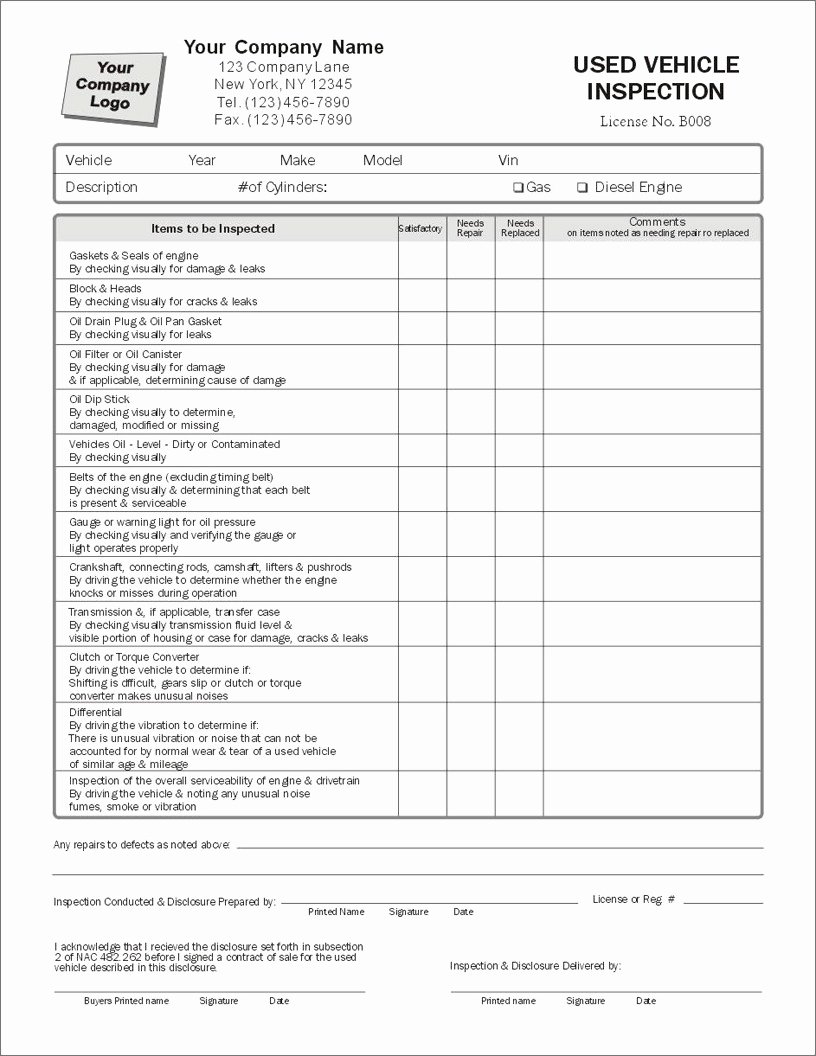 Automotive Inspection Checklist Template Luxury Used Vehicle Inspection form Item 7802 Condition