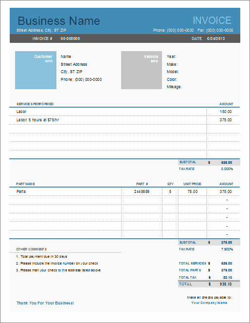Automotive Repair Invoice Template Awesome Auto Repair Invoice Template for Excel