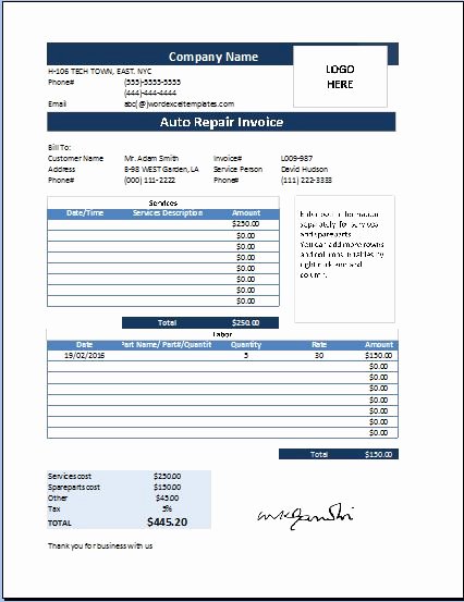 Automotive Repair Invoice Template Awesome Ms Excel Auto Repair Invoice Template