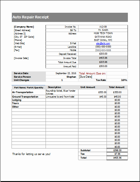 Automotive Repair Invoice Template Excel Inspirational Ms Excel Editable Printable Auto Repair Receipt Template
