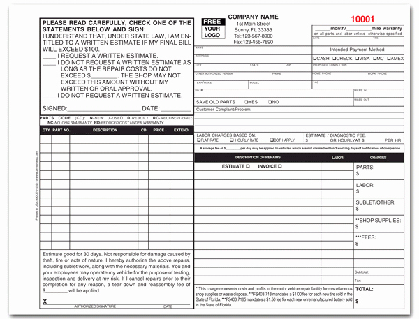 Auto Body Invoice Template Example Document