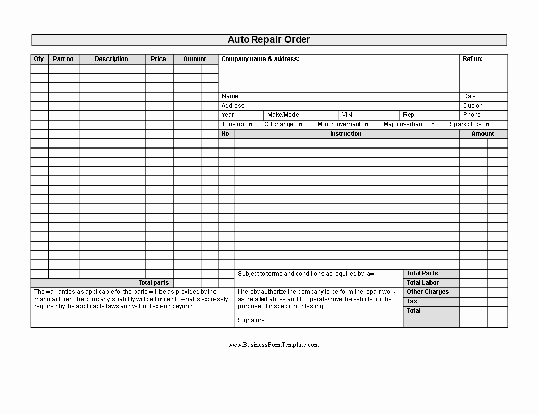 Automotive Work order Template Lovely Free Auto Shop Work order