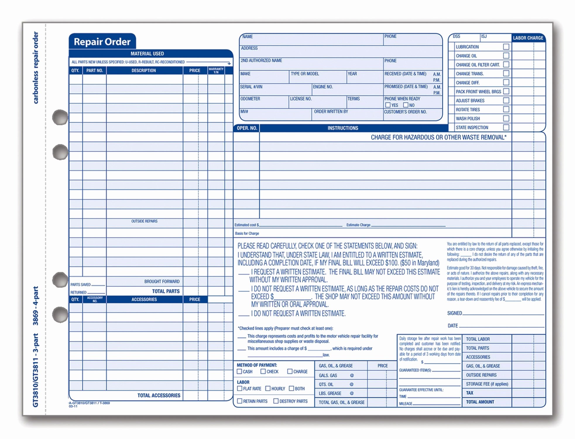Automotive Work orders Template New Adams Garage Repair order forms 8 5 X 11 44 Inches 3 Part