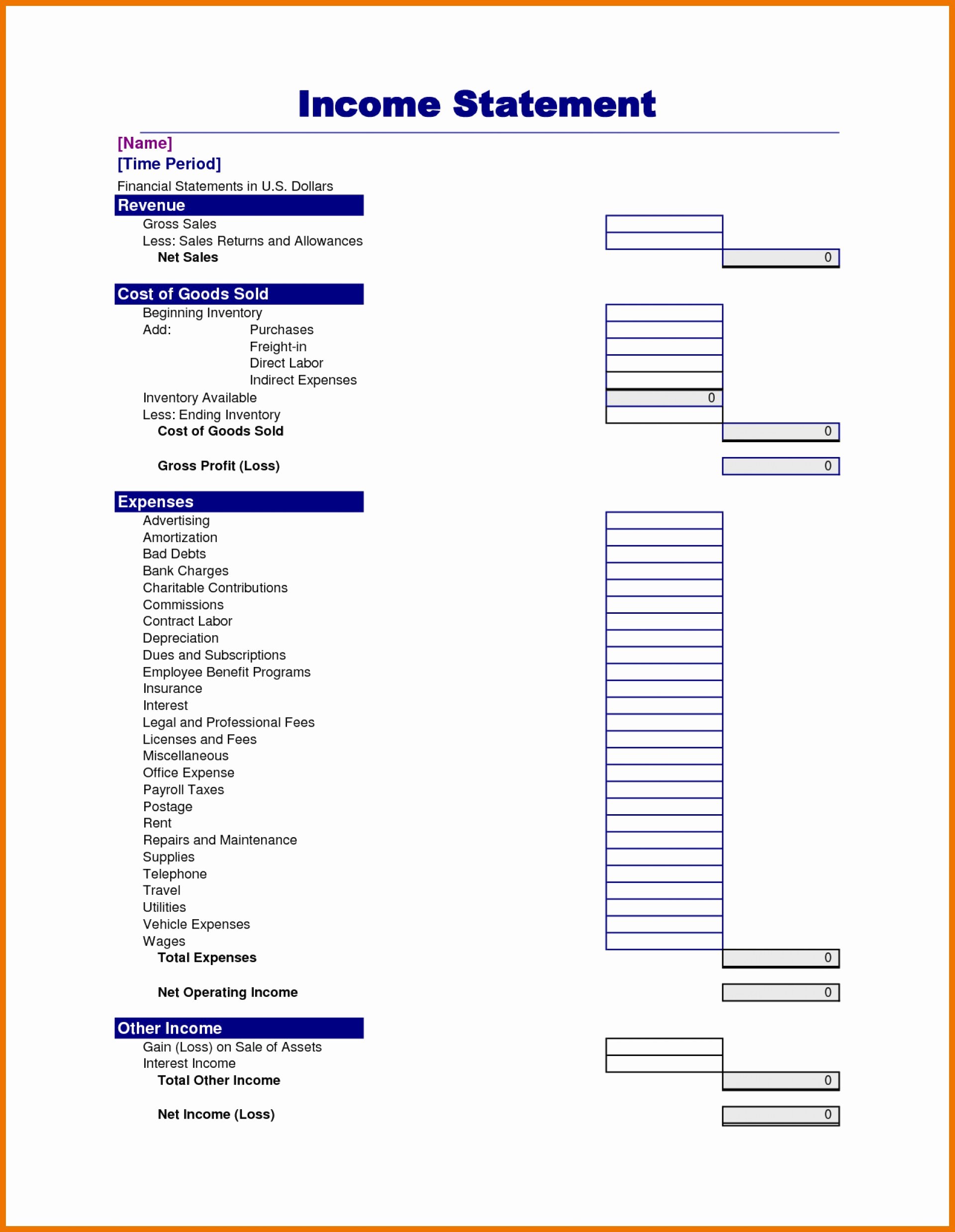 Basic Income Statement Template Lovely Basic In E Statement Template Excel Spreadsheet