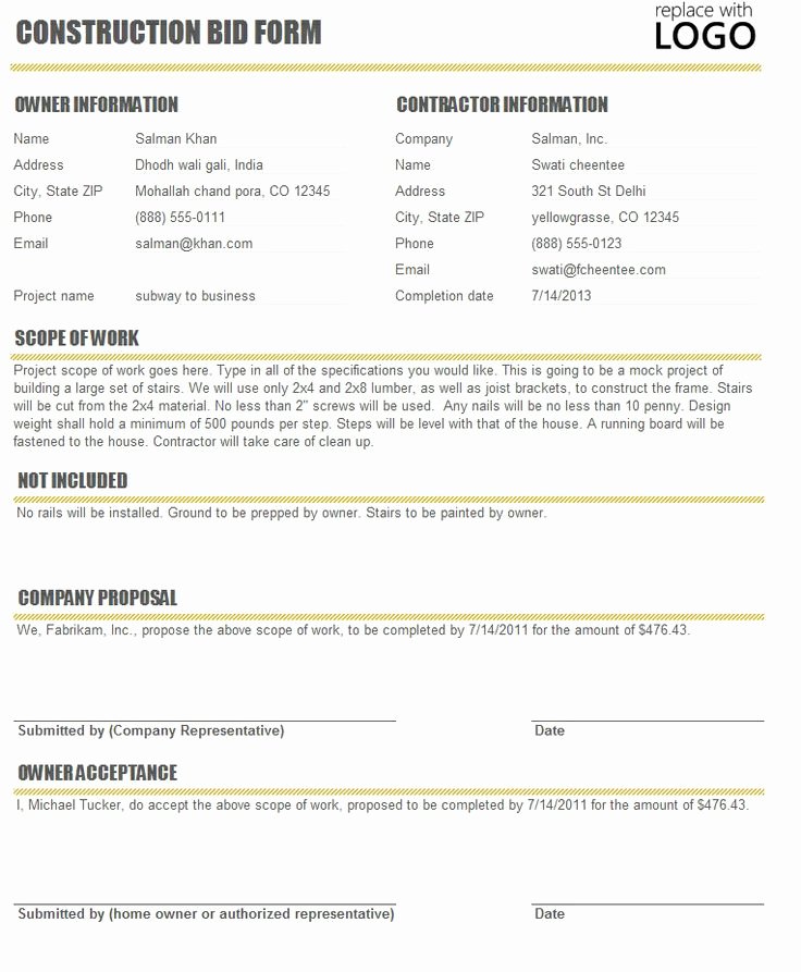Bid Template for Contractors Unique Free Construction Time and Material forms