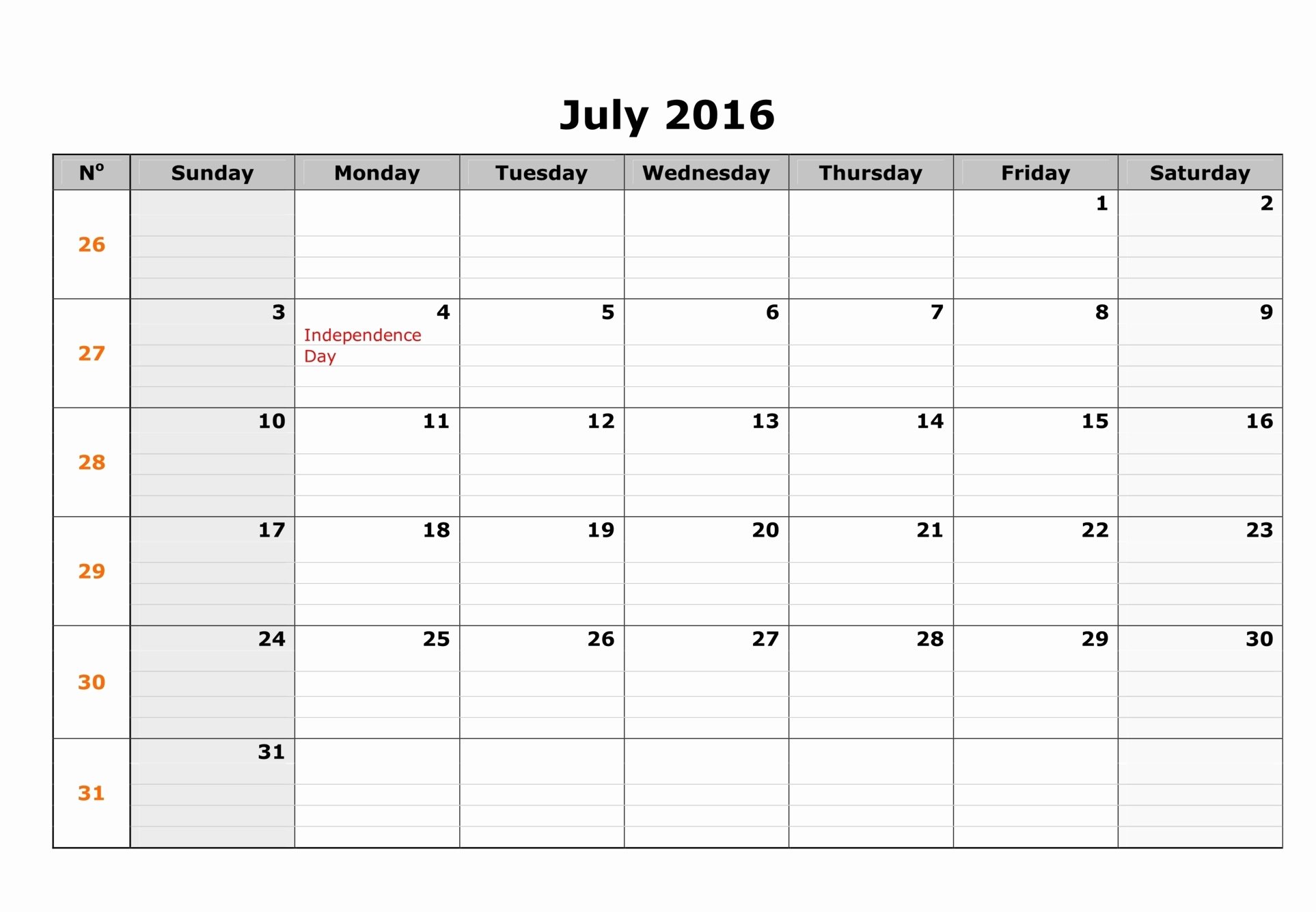 Blank Calendar Template 2016 Beautiful July 2016 Blank Weekly Templates
