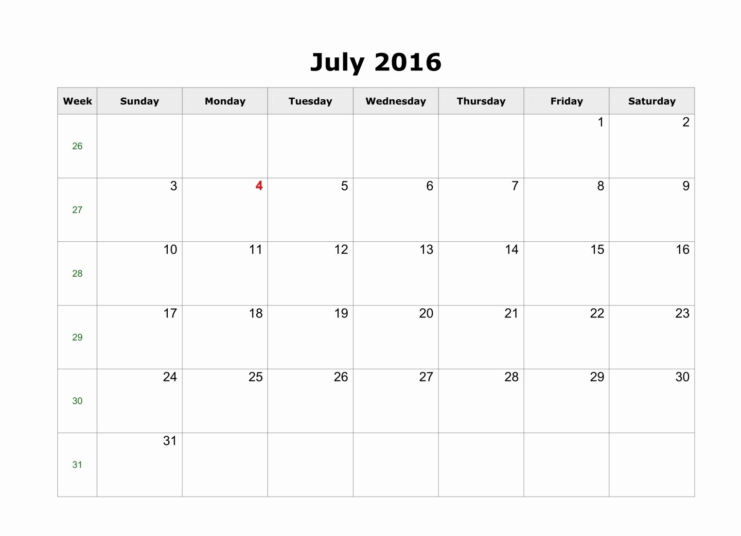 Blank Calendar Template 2016 Fresh July 2016 Calendar Landscape
