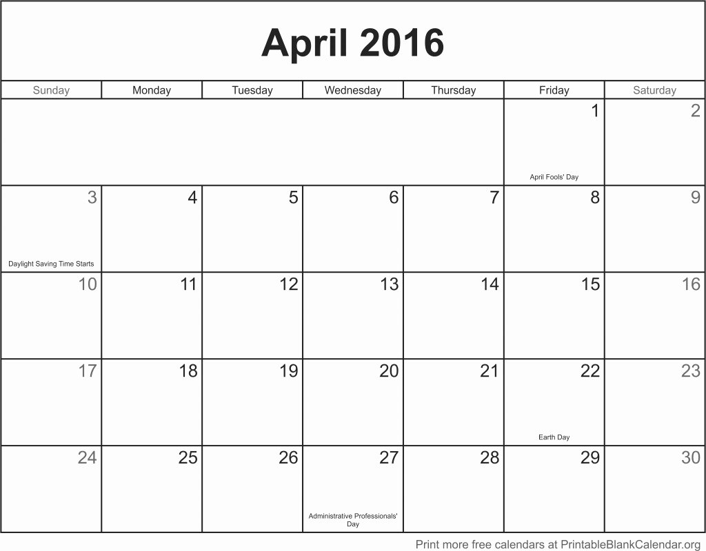 Blank Calendar Template 2016 Inspirational April 2016 Printable Blank Calendar Printable Blank