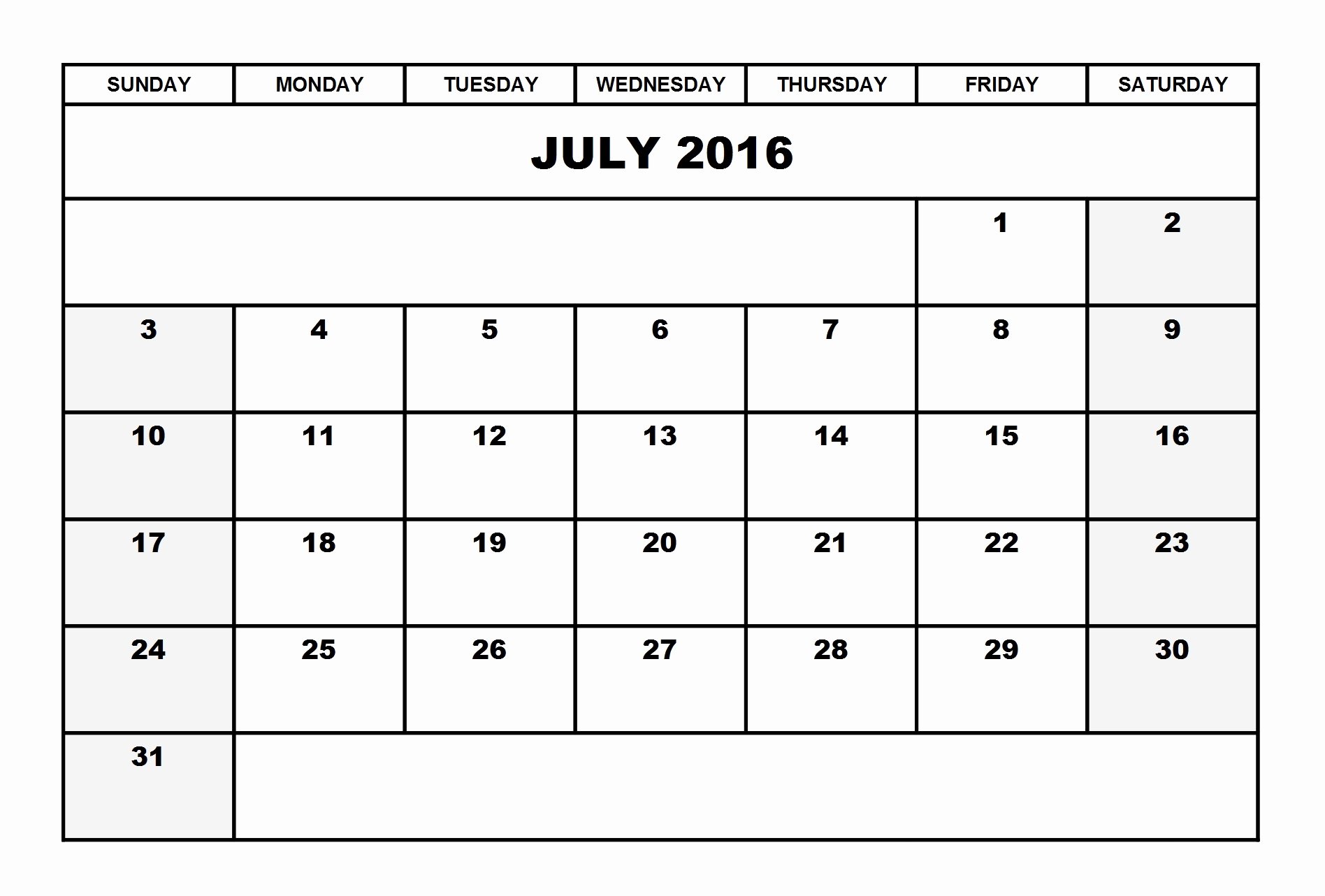 Blank Calendar Template 2016 Luxury July 2016 Calendar Landscape