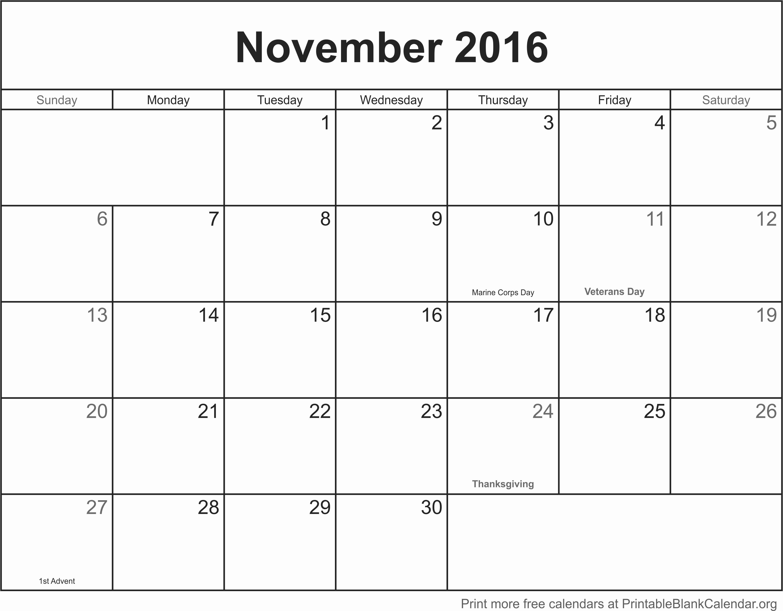 Blank Calendar Template 2016 Luxury November 2016 Printable Blank Calendar Printable Blank